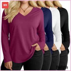Plus Size Long Sleeve V Neck Tops 4 Pack Loose Fit Casual Tees